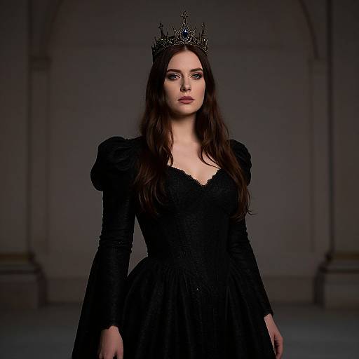 Photograph of a pale-skinned woman with long dark hair, wearing a black lace gown and a silver crown, standing against a dimly lit,