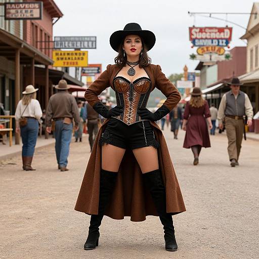 Photograph of a confident woman in Victorian-inspired black outfit with corset, brown coat, hat, and boots, standing in a bustling, Western-style