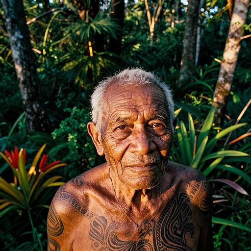 Photograph of an elderly, shirtless man with gray hair and intricate tribal tattoos, standing in a sunlit, lush forest. His wrinkled face