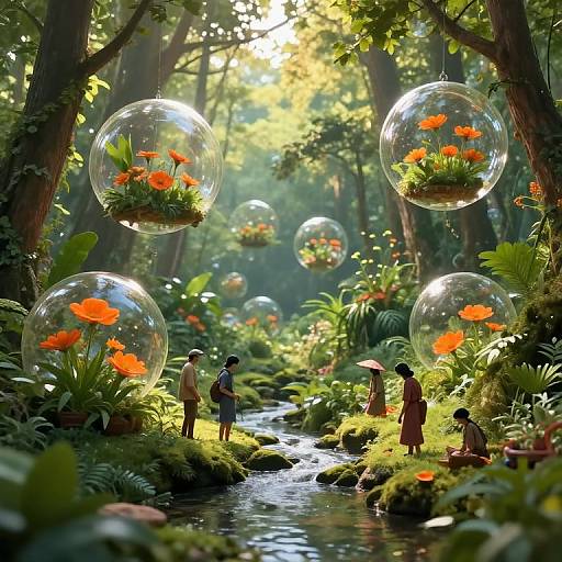 Whimsical forest scene with glowing orange flowers in transparent bubbles, small figurines beside a mossy stream, sunlight filtering through trees. Photorealistic