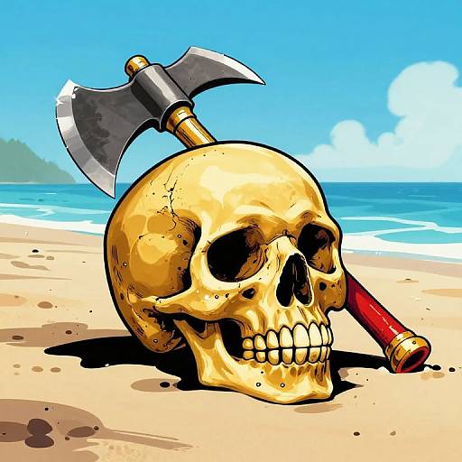 Colorful digital drawing of a yellow skull with a red pipe and axe on a sandy beach, with blue ocean and sky in the background.