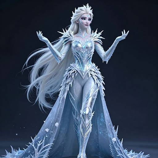 Digital artwork of a regal, white-haired woman in an icy, silver crown and gown with crystal-like armor, standing gracefully against a dark blue background
