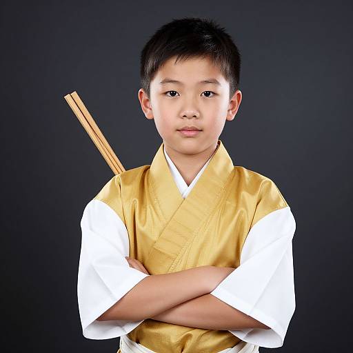Photograph of an Asian boy with short black hair, wearing a white kimono and golden vest, arms crossed, holding chopsticks behind his back,