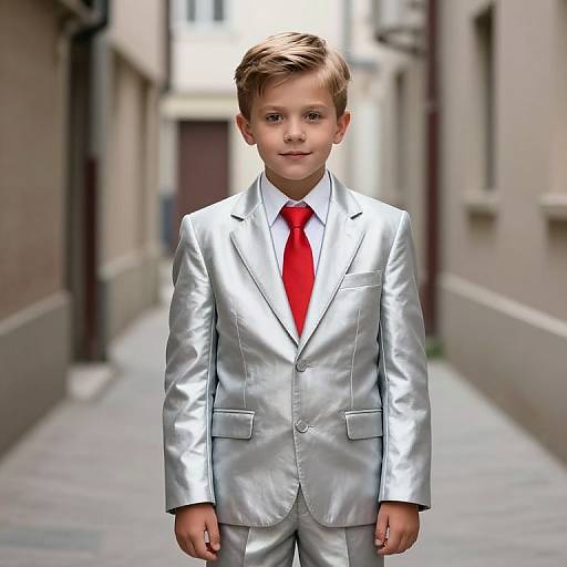 Photograph of a young boy with short brown hair wearing a shiny silver suit and bright red tie, standing in a narrow, urban alleyway.