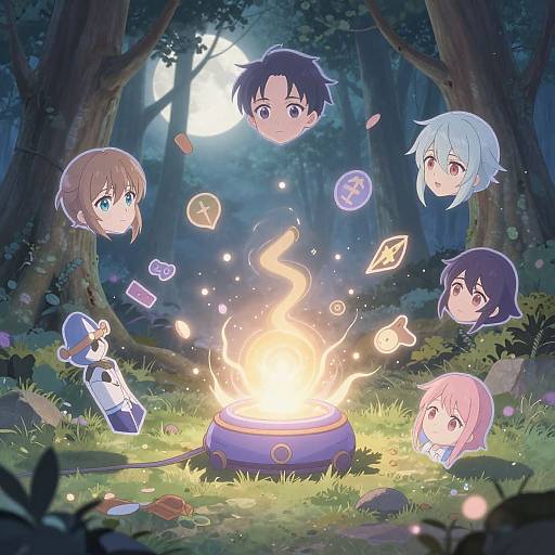 Anime-style digital illustration of six chibi characters with varied hair colors, floating around a glowing campfire in a forest. Symbols like hearts and crosses float