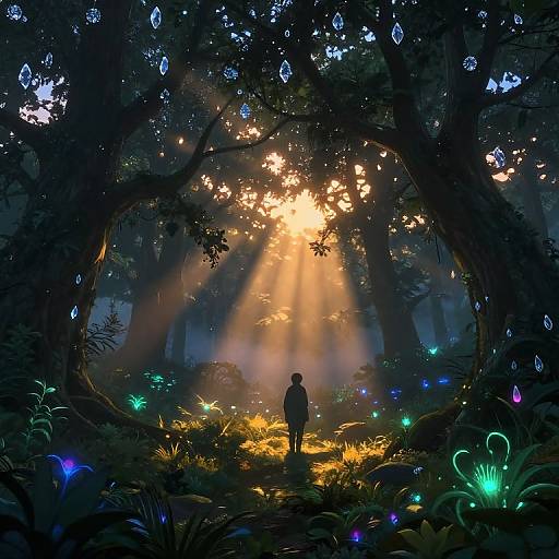 Digital fantasy artwork of a silhouetted figure standing in a magical forest, bathed in golden sunlight, surrounded by glowing blue and purple flowers.
