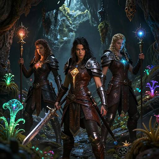 Digital fantasy artwork of three armored women with glowing magical staffs, standing in a bioluminescent cave, ready for battle.