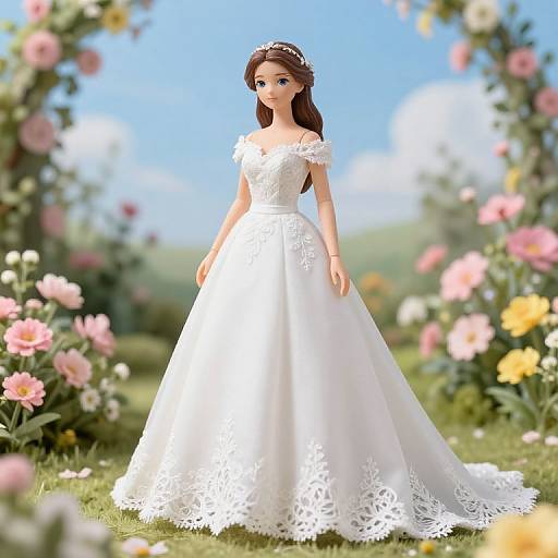Photorealistic CGI of a beautiful bride in a white lace wedding gown, standing in a vibrant garden with pink, yellow, and white flowers, under