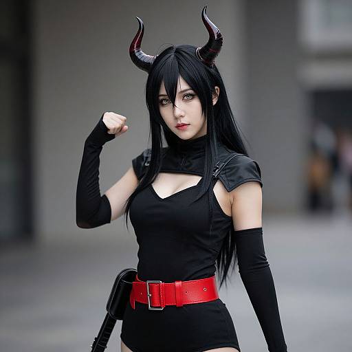 Digital photograph of an Asian woman in black demon cosplay with black horns, long black hair, red belt, and black gloves, punching forward in an urban