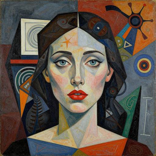 Vibrant, abstract painting of a woman with pale skin, red lips, blue eyes, black hair, and geometric patterns on a dark background.