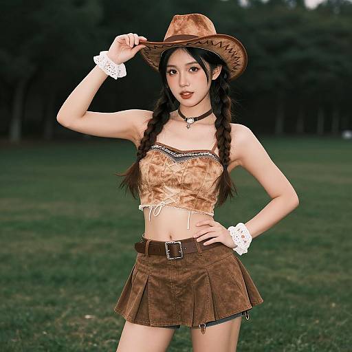 Digital art of an Asian woman in a cowgirl outfit: brown leather hat, lace-trimmed strapless top, brown skirt, white scrunch