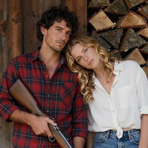 Rugged Couple by Firewood Stack