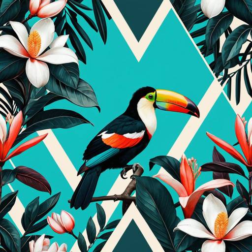 Geometric Toucan with Tropical Floral Background Geometric Toucan with Tropical Floral Background