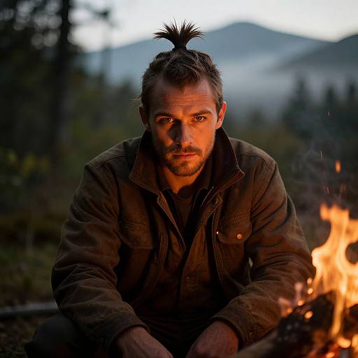 Photograph of a bearded man with a top knot, wearing a brown jacket, sitting by a campfire in a forest at dusk. Mountains and