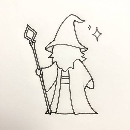 Black-and-white line drawing of a wizard with a pointed hat, holding a staff, wearing a long robe, and a small spark above the head.