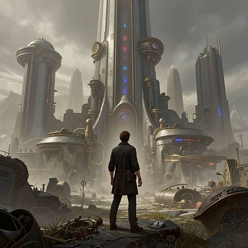 Digital artwork: A lone, silhouetted figure stands before a towering, futuristic cityscape with glowing blue and red lights, surrounded by scattered debris