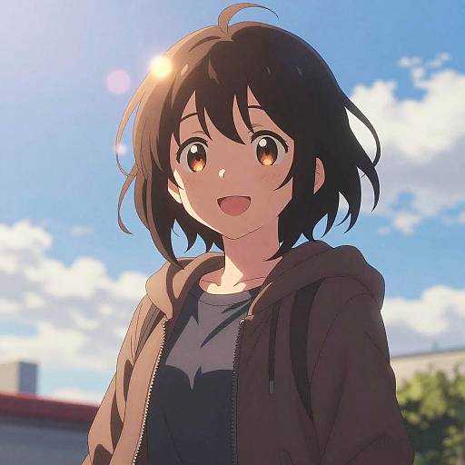 Anime-style digital drawing of a smiling teenage girl with short black hair, brown eyes, wearing a black shirt and brown hoodie, against a bright blue sky