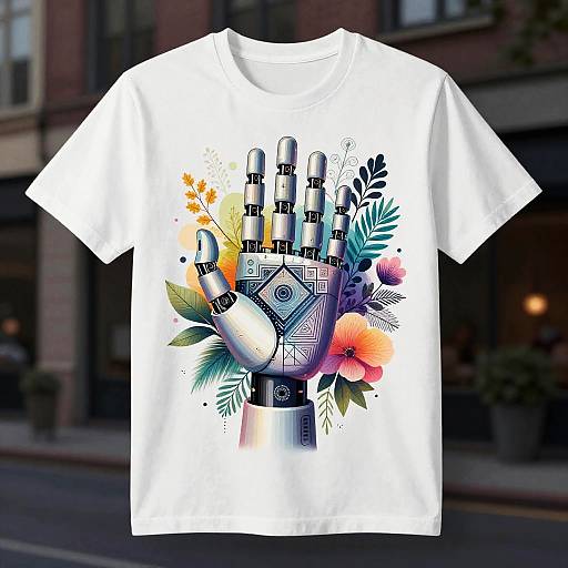 White T-shirt featuring a detailed, digital illustration of a robotic hand with geometric patterns, surrounded by colorful flowers and leaves. Urban background. Photorealistic