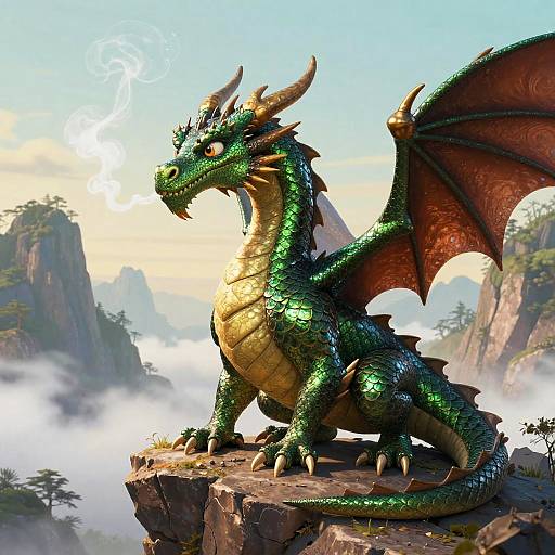 Digital artwork of a majestic green dragon with red wings, standing on a rocky cliff, overlooking misty mountains and a bright sky.
