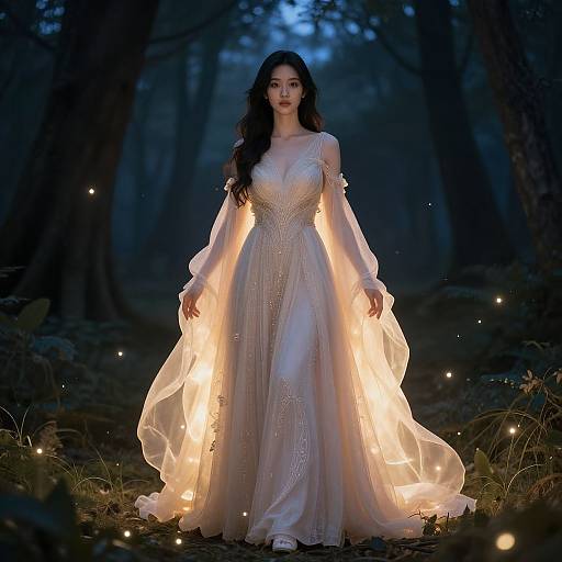 Photograph of a woman with long dark hair in a glowing, ethereal, white, long-sleeved wedding gown, standing in a dark,