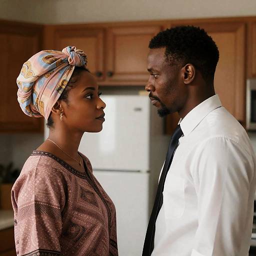Serious Portrait in a Dim Kitchen