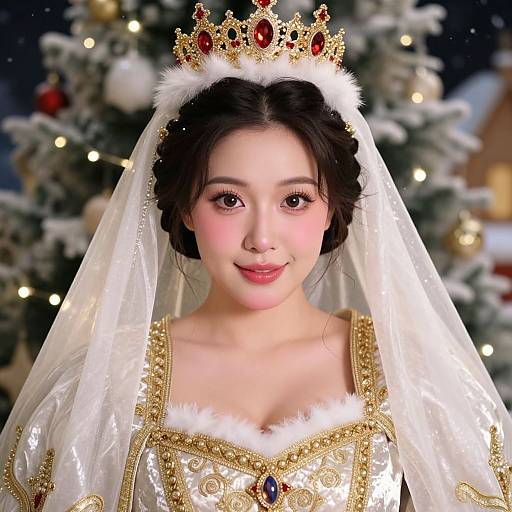 Photorealistic digital image of an Asian bride with fair skin, dark hair, wearing a gold and red jeweled crown, white veil, and orn