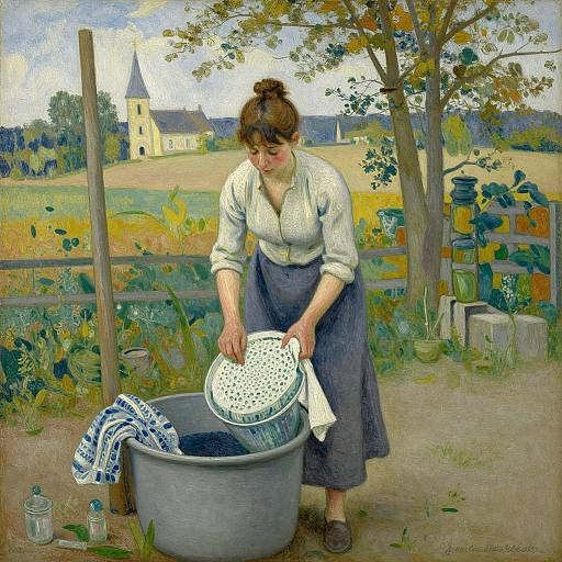 Painting of a woman in a white blouse and blue skirt, washing laundry in a gray bucket, rural countryside background, church steeple visible.