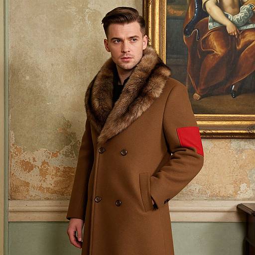 Photograph of a handsome, fair-skinned man with short brown hair, wearing a brown coat with fur collar and red arm patch, standing in a