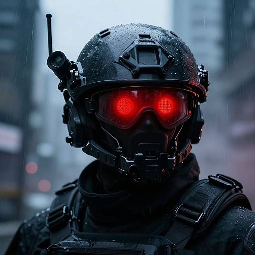 Photograph of a rain-soaked, armored soldier with glowing red visor, black helmet, and tactical gear, standing in a blurred urban background.