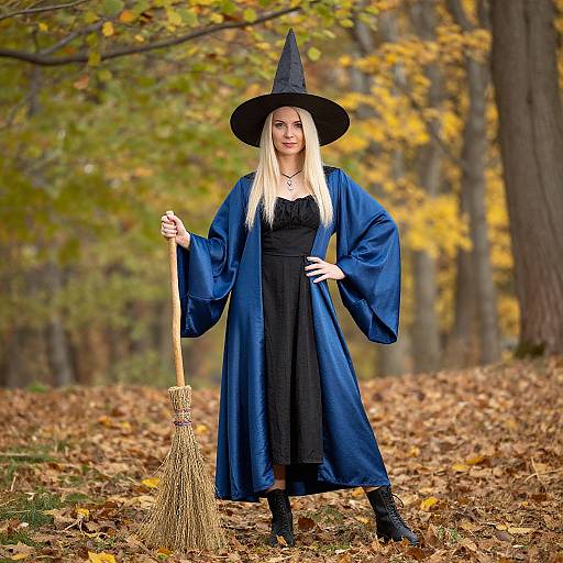 Photograph of a blonde woman in a black witch dress, blue cloak, and hat, holding a broom in an autumn forest.