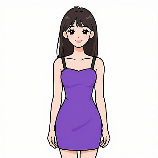 Digital anime-style drawing of a young woman with long black hair, wearing a strapless purple dress, standing against a white background.