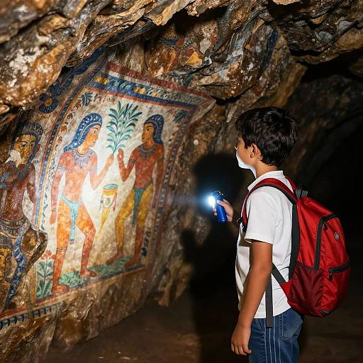 Boy Exploring Cave Frescoes with Flashlight