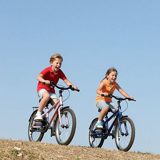 Photograph of two smiling children, boy in red shirt and girl in orange shirt, riding bicycles uphill on a grassy hill against a clear blue sky