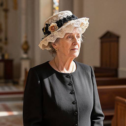 Photograph of an elderly woman in a black dress and lace hat with flower accents, standing in a sunlit church.