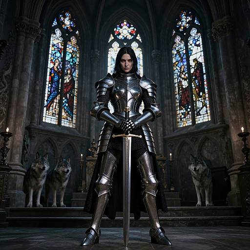 Photorealistic digital artwork of a stern-faced armored knight with a sword, standing in a dimly lit, gothic cathedral with stained glass windows and