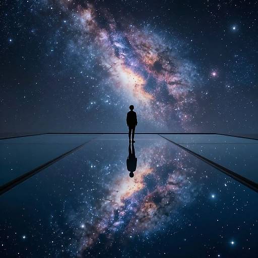 Silhouetted figure stands on reflective surface, gazing at vibrant, cosmic galaxy backdrop with stars, colorful nebula, and mirrored reflection. Digital