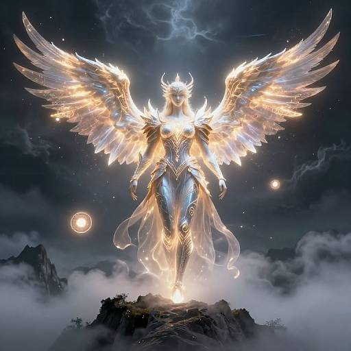 Digital art of a radiant, winged celestial warrior with glowing armor and wings, standing on a rocky peak under a stormy night sky.