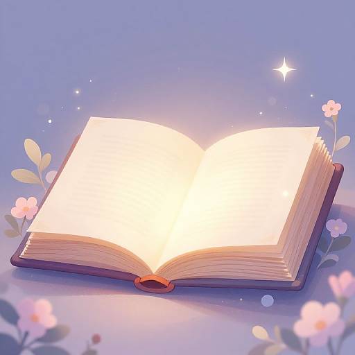 Illustration of an open, glowing book with soft light, surrounded by pink flowers and leaves, against a dreamy blue background.