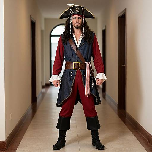 Photograph of a bearded man in a pirate costume, standing in a hallway. He wears a tricorn hat, red and navy coat, white
