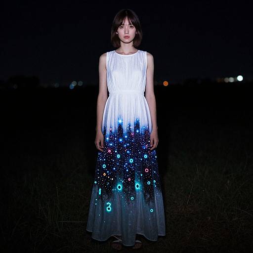 Photograph of a young woman in a sleeveless white dress with a blue and black galaxy print, standing in a dark, night-time field.