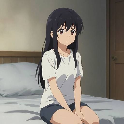 Anime-style digital drawing of a young girl with long black hair, wearing a white shirt and black shorts, sitting on a bed in a dimly lit