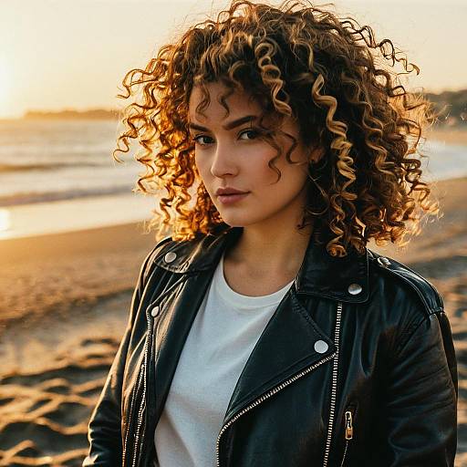 Woman with Permed Curls in Leather Jacket at Beach Sunset