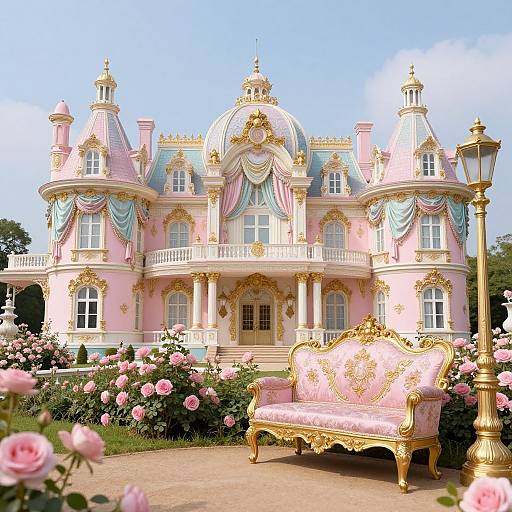 Photograph of an ornate, pink and gold, baroque-style mansion with a dome, surrounded by blooming pink roses and a luxurious gold-fr
