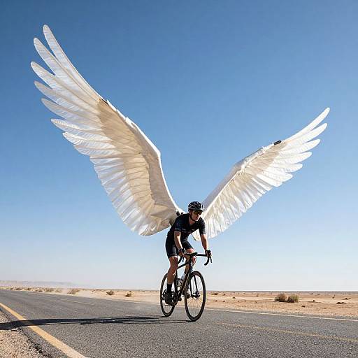 Photograph of a cyclist with large, white angel wings, riding on a desert road under a clear blue sky.