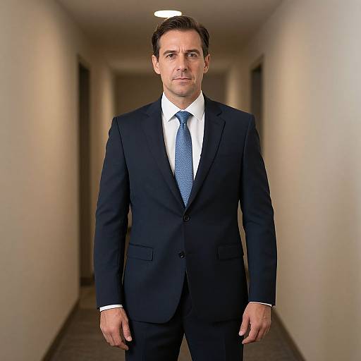 Photograph of a serious, middle-aged man with short brown hair, wearing a black suit, white shirt, and blue tie, standing in a dim