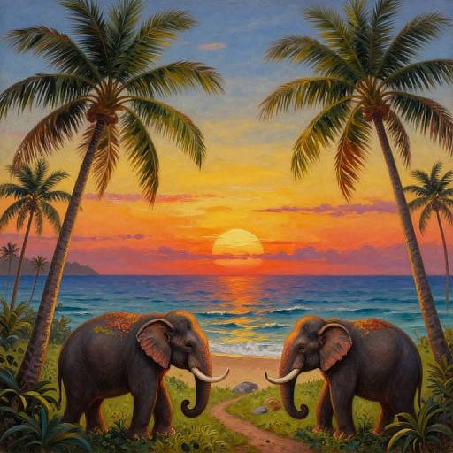 Photograph of two elephants with large tusks standing on a grassy path, framed by tall palm trees, at a vibrant sunset over a beach and