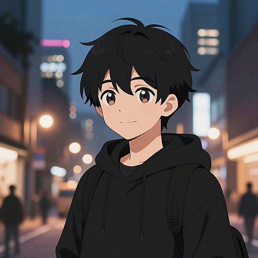 Anime-style digital drawing of a cute, black-haired boy with brown eyes, wearing a black hoodie, standing in a brightly lit, blurred city street at