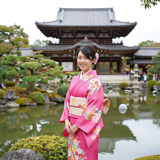 Photograph of a smiling Japanese woman in a pink floral kimono, standing by a traditional garden pond with a wooden temple in the background.