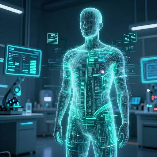 CGI image of a glowing, wireframe human figure in a futuristic lab, surrounded by blue neon computer screens and data interfaces.