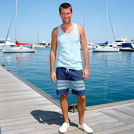 Photograph of a smiling, muscular man with short brown hair in a white tank top and navy striped shorts, standing on a wooden dock with blue water